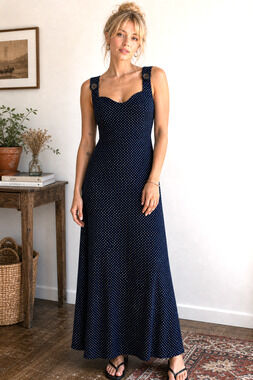 DBY Vintage Womens Navy White Polka Dot Criss Cross Open Back Midi Dress sz 12
